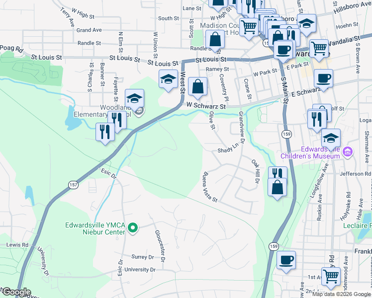 map of restaurants, bars, coffee shops, grocery stores, and more near in Edwardsville