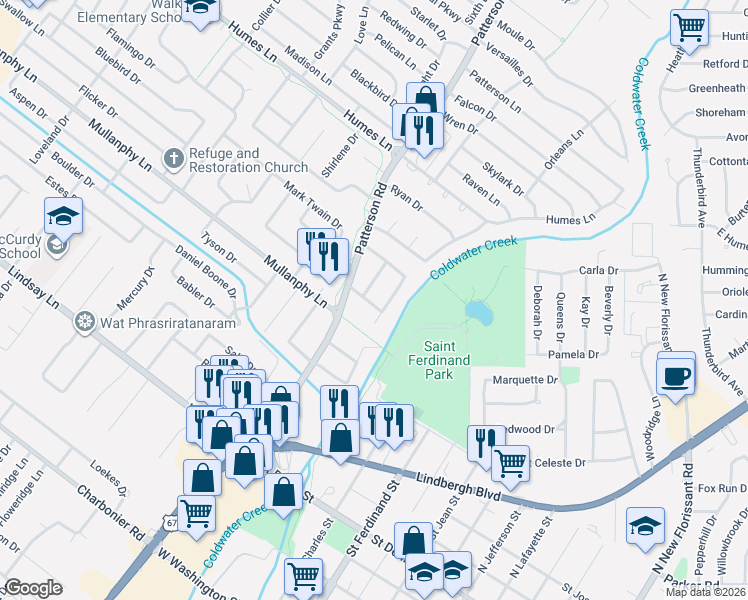 map of restaurants, bars, coffee shops, grocery stores, and more near 460 Hundley Drive in Florissant