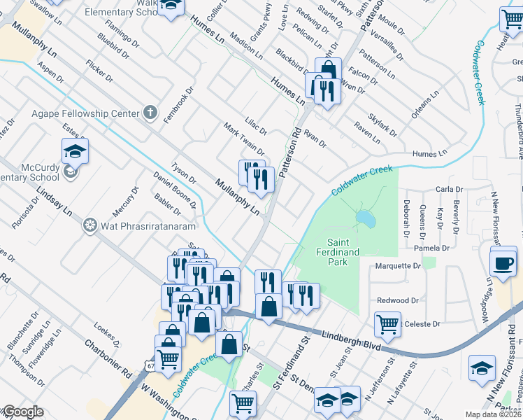 map of restaurants, bars, coffee shops, grocery stores, and more near 525 Mullanphy Road in Florissant