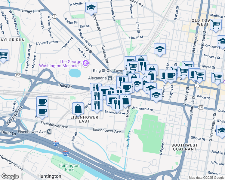 map of restaurants, bars, coffee shops, grocery stores, and more near 1775 Duke Street in Alexandria