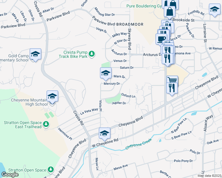 map of restaurants, bars, coffee shops, grocery stores, and more near 1018 Neptune Drive in Colorado Springs