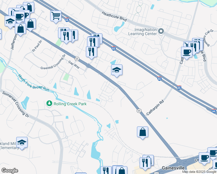 map of restaurants, bars, coffee shops, grocery stores, and more near 14519 Kentish Fire St in Gainesville