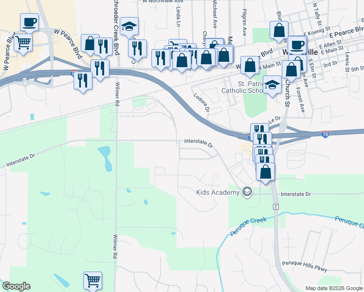 map of restaurants, bars, coffee shops, grocery stores, and more near 75 Cimarron Summit Way in Wentzville