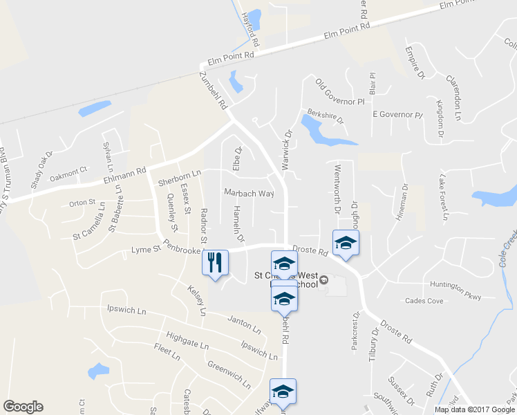 map of restaurants, bars, coffee shops, grocery stores, and more near 2932 Marbach Court in Saint Charles