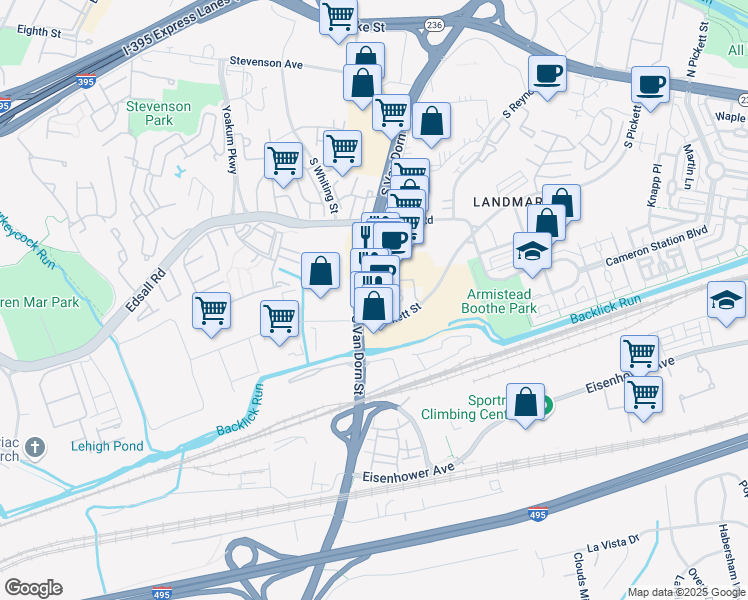 map of restaurants, bars, coffee shops, grocery stores, and more near Dow Avenue in Alexandria