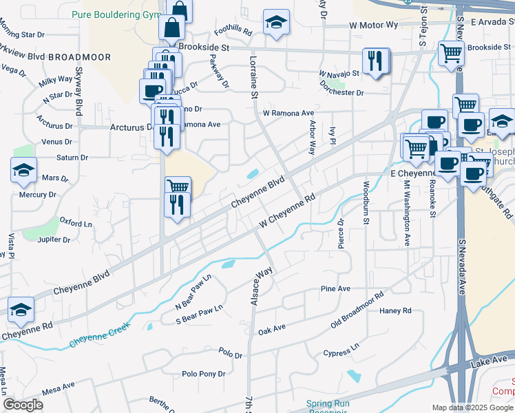 map of restaurants, bars, coffee shops, grocery stores, and more near 1812 Fenmoor Place in Colorado Springs