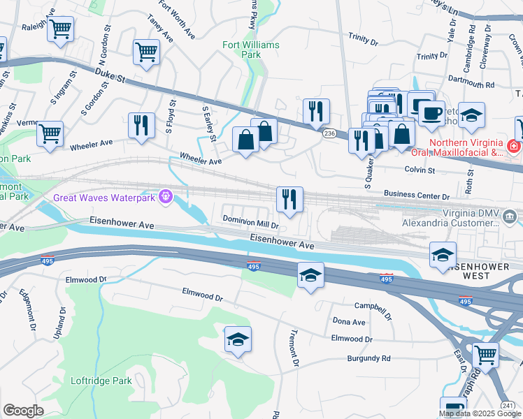 map of restaurants, bars, coffee shops, grocery stores, and more near 116 Cahill Drive in Alexandria