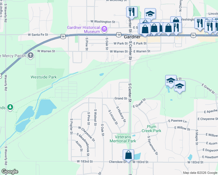 map of restaurants, bars, coffee shops, grocery stores, and more near 414 Oak Circle in Gardner