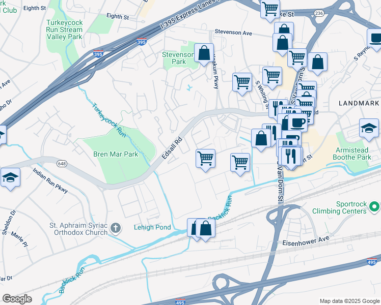 map of restaurants, bars, coffee shops, grocery stores, and more near 6260 Edsall Road in Alexandria