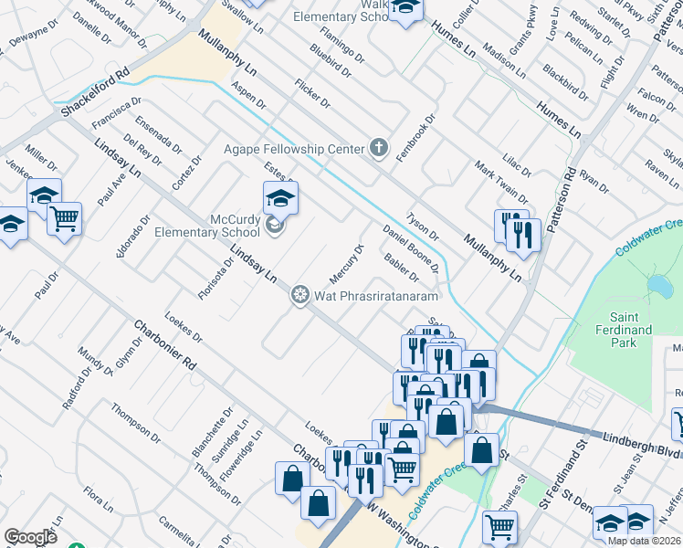map of restaurants, bars, coffee shops, grocery stores, and more near 19 Mercury Drive in Florissant
