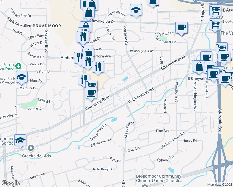 map of restaurants, bars, coffee shops, grocery stores, and more near 423 Cheyenne Boulevard in Colorado Springs