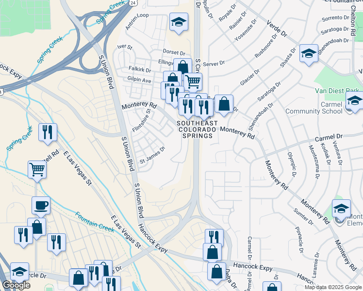 map of restaurants, bars, coffee shops, grocery stores, and more near Ralphs Ridge in Colorado Springs