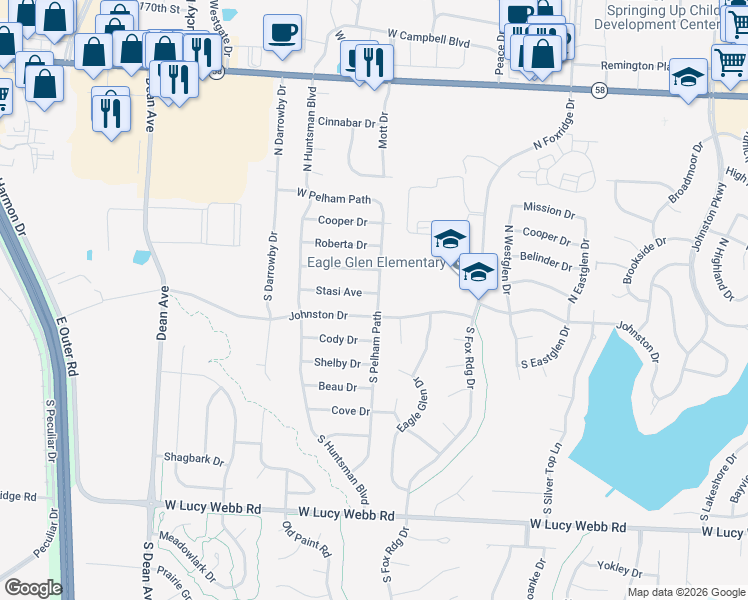 map of restaurants, bars, coffee shops, grocery stores, and more near 1605 Stasi Avenue in Raymore