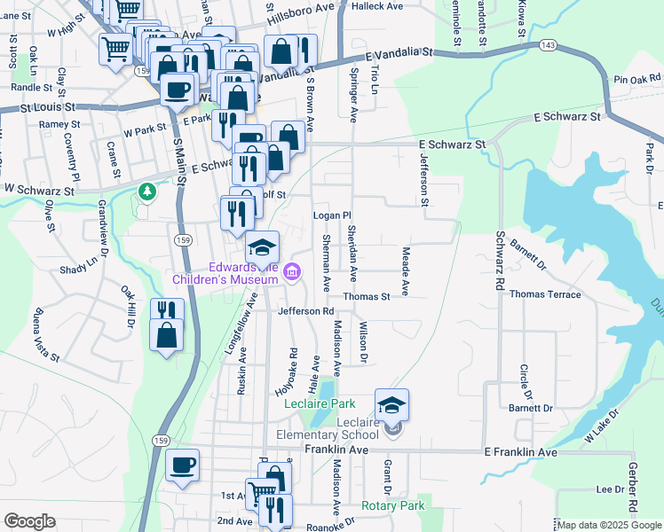 map of restaurants, bars, coffee shops, grocery stores, and more near 722 Sherman Avenue in Edwardsville