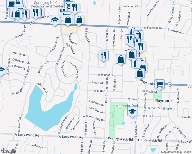 map of restaurants, bars, coffee shops, grocery stores, and more near 611 West Walnut Street in Raymore