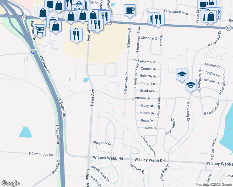 map of restaurants, bars, coffee shops, grocery stores, and more near 212 South Darrowby Drive in Raymore
