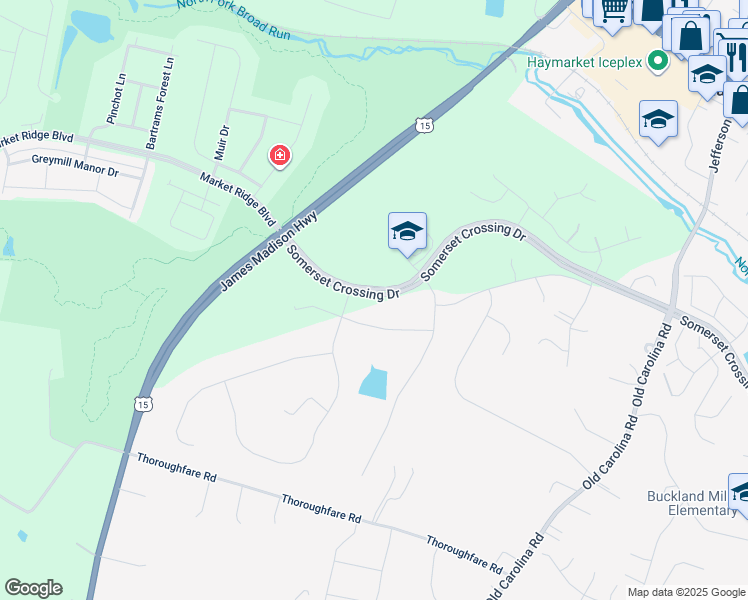 map of restaurants, bars, coffee shops, grocery stores, and more near 7021 Currie Farm Drive in Haymarket