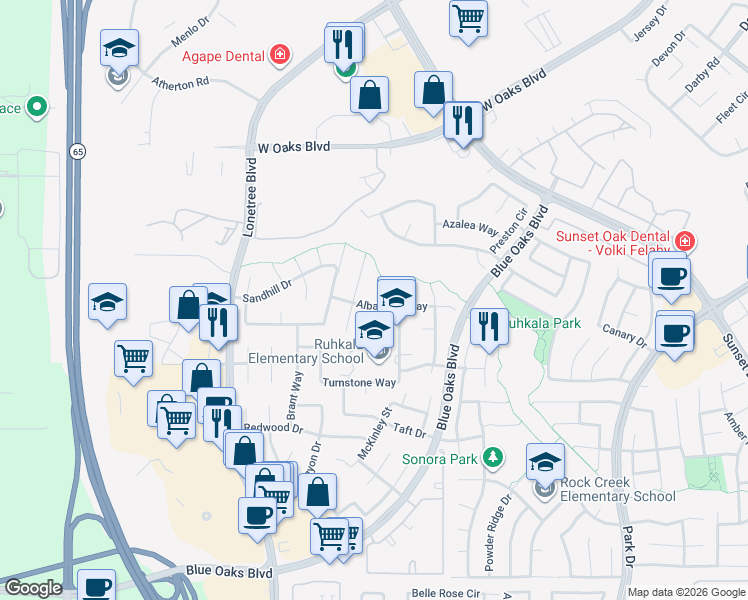 map of restaurants, bars, coffee shops, grocery stores, and more near 1613 Albatross Way in Rocklin