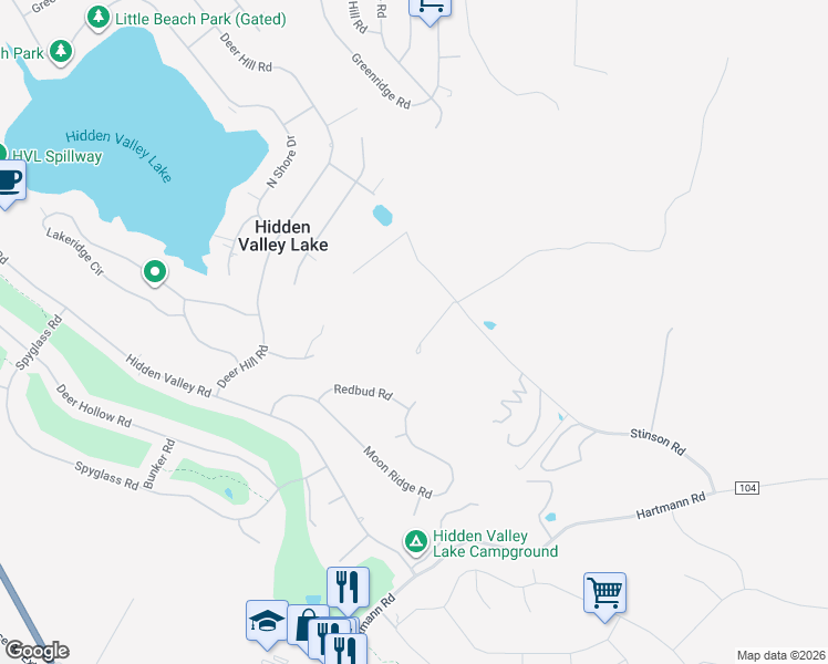 map of restaurants, bars, coffee shops, grocery stores, and more near 19415 Dallas Court in Hidden Valley Lake