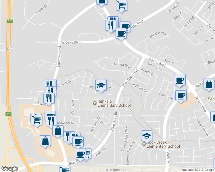 map of restaurants, bars, coffee shops, grocery stores, and more near 1621 Albatross Way in Rocklin