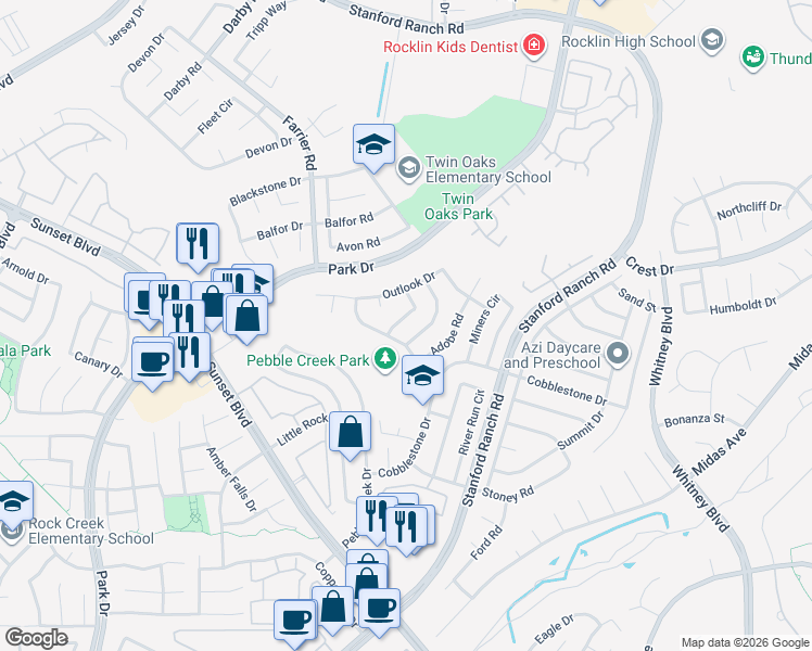 map of restaurants, bars, coffee shops, grocery stores, and more near 5629 Glen Oaks Drive in Rocklin
