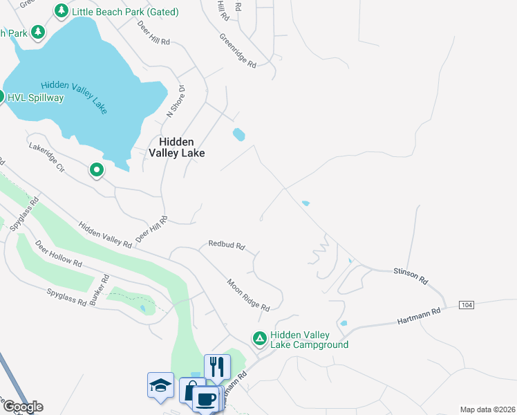 map of restaurants, bars, coffee shops, grocery stores, and more near 19415 Dallas Court in Hidden Valley Lake