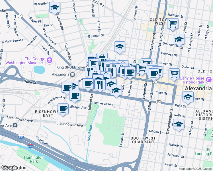 map of restaurants, bars, coffee shops, grocery stores, and more near 1600 Prince Street in Alexandria