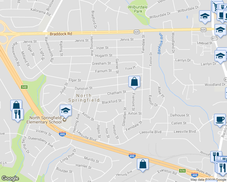 map of restaurants, bars, coffee shops, grocery stores, and more near 7402 Chatham Street in Springfield