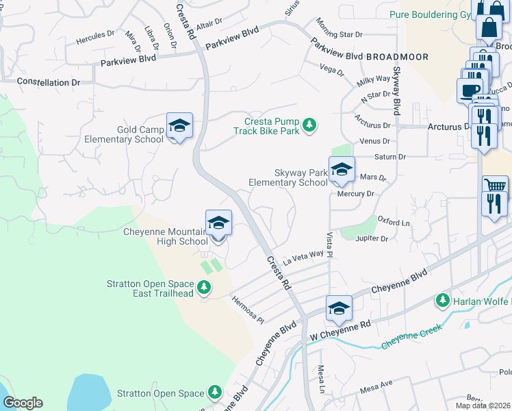 map of restaurants, bars, coffee shops, grocery stores, and more near 1980 Diplomat View in Colorado Springs