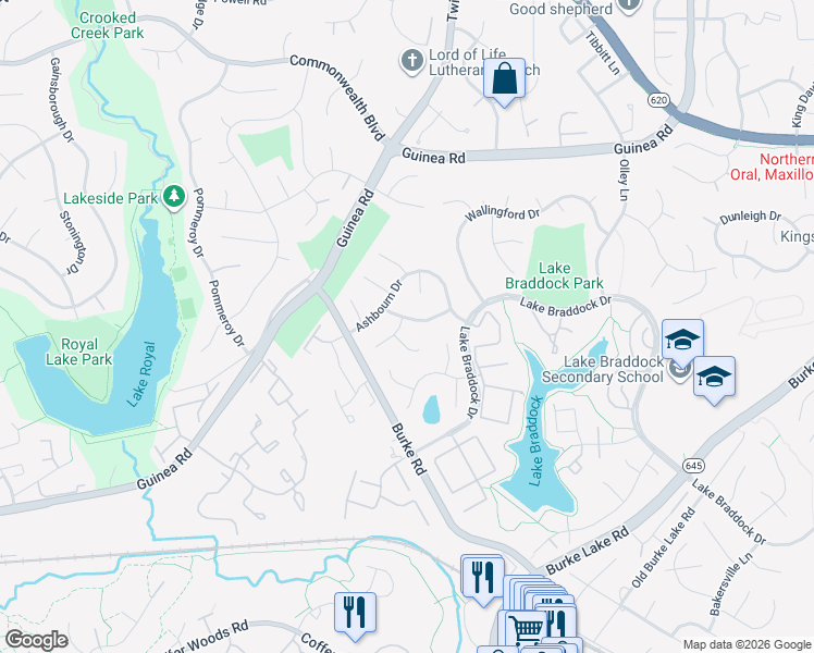 map of restaurants, bars, coffee shops, grocery stores, and more near 5401 Duxford Place in Burke