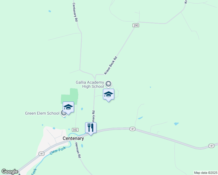 map of restaurants, bars, coffee shops, grocery stores, and more near 2855 Centenary Road in Gallipolis