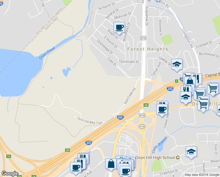 map of restaurants, bars, coffee shops, grocery stores, and more near 6403 Oxon Hill Road in Oxon Hill