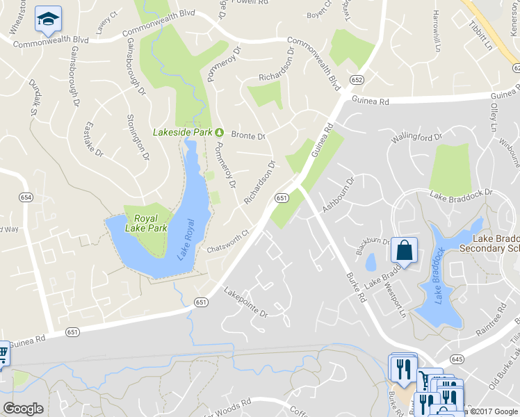 map of restaurants, bars, coffee shops, grocery stores, and more near 5400 Guinea Road in Fairfax