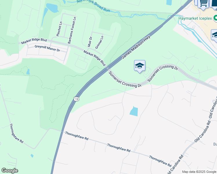 map of restaurants, bars, coffee shops, grocery stores, and more near 15564 Cloverland Lane in Haymarket