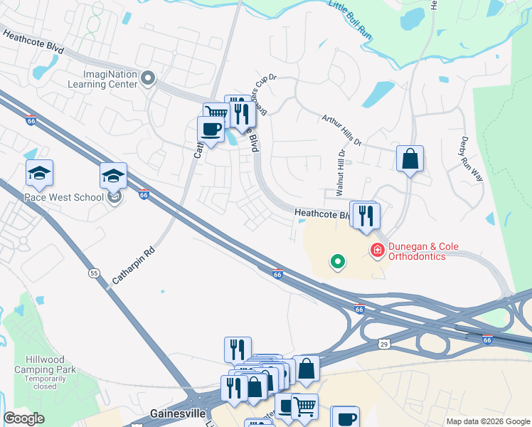 map of restaurants, bars, coffee shops, grocery stores, and more near 7056 Mongoose Trail in Gainesville
