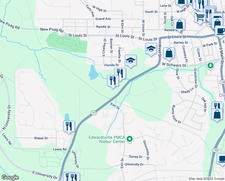 map of restaurants, bars, coffee shops, grocery stores, and more near 1010 Enclave Boulevard in Edwardsville