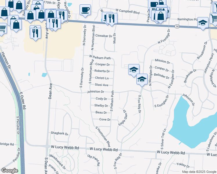 map of restaurants, bars, coffee shops, grocery stores, and more near 1605 Stasi Avenue in Raymore