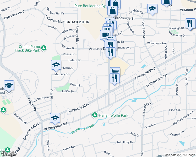 map of restaurants, bars, coffee shops, grocery stores, and more near 211 Wolfe Avenue in Colorado Springs