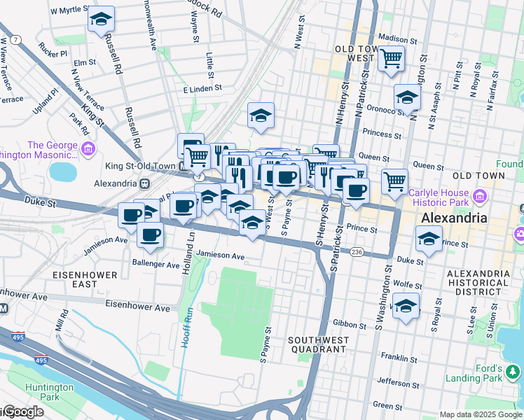 map of restaurants, bars, coffee shops, grocery stores, and more near 1411 Prince Street in Alexandria
