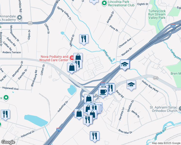 map of restaurants, bars, coffee shops, grocery stores, and more near 5412 Cheyenne Knoll Place in Alexandria