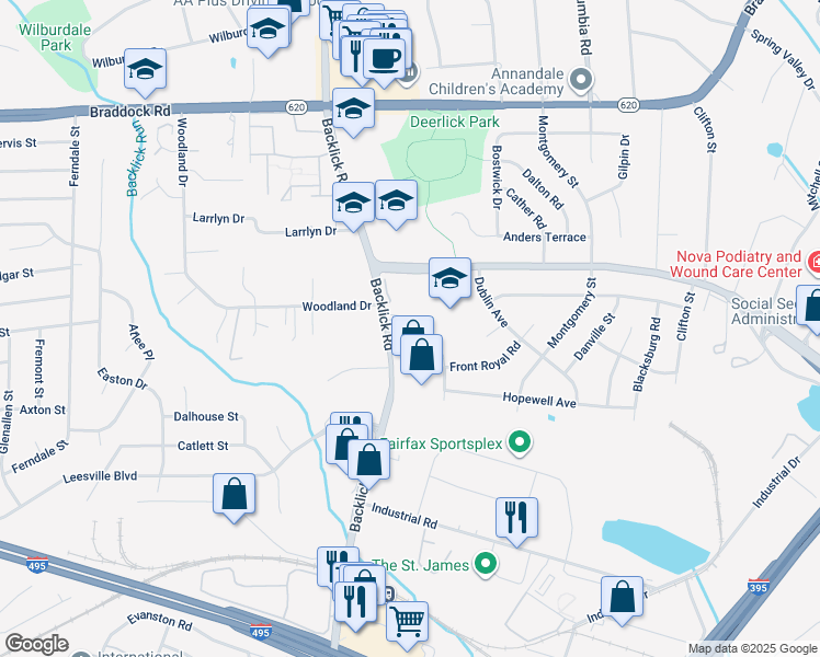 map of restaurants, bars, coffee shops, grocery stores, and more near 5319 Backlick Road in Springfield