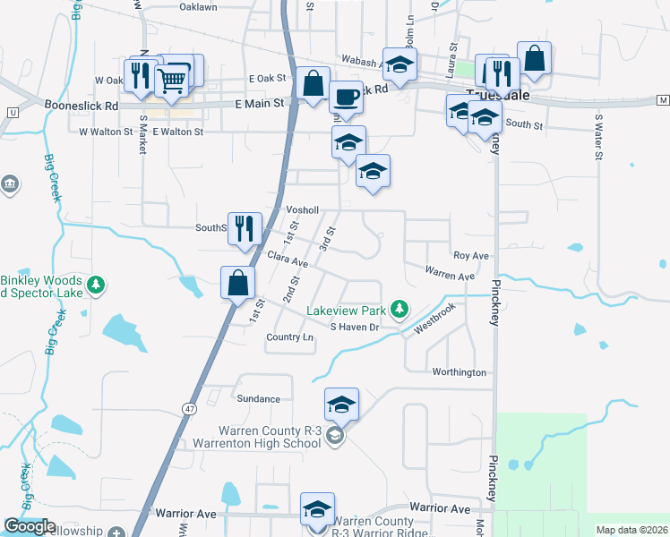 map of restaurants, bars, coffee shops, grocery stores, and more near 705 Clara Avenue in Warrenton