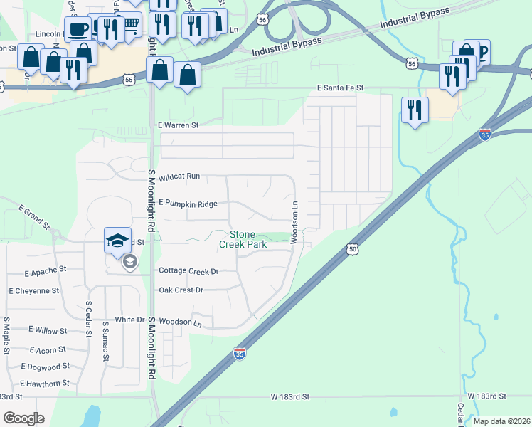 map of restaurants, bars, coffee shops, grocery stores, and more near 1036 East Pumpkin Ridge in Gardner
