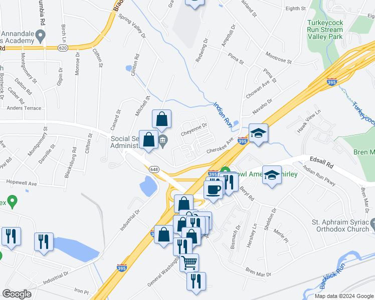 map of restaurants, bars, coffee shops, grocery stores, and more near 5412 Cheyenne Knoll Place in Alexandria
