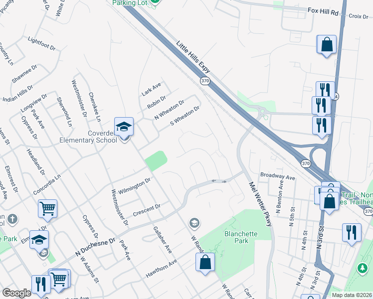 map of restaurants, bars, coffee shops, grocery stores, and more near 2400 Aurelien Court in Saint Charles