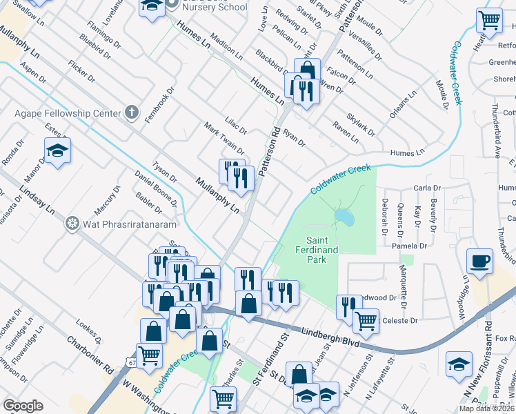 map of restaurants, bars, coffee shops, grocery stores, and more near 460 Hundley Drive in Florissant