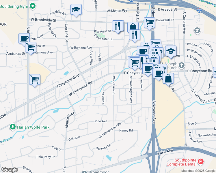 map of restaurants, bars, coffee shops, grocery stores, and more near 110 Pierce Dr in Colorado Springs