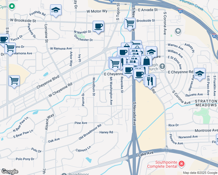 map of restaurants, bars, coffee shops, grocery stores, and more near 31 Mount Washington Drive in Colorado Springs