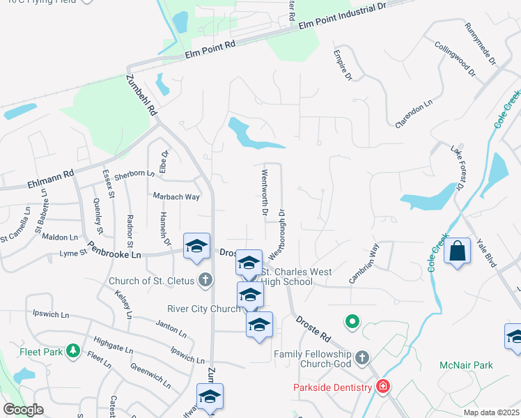 map of restaurants, bars, coffee shops, grocery stores, and more near 2949 Wentworth Drive in Saint Charles