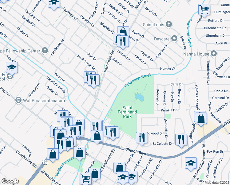 map of restaurants, bars, coffee shops, grocery stores, and more near 1710 Marshall Court in Florissant